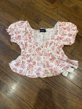 MINKPINK White and Pink Floral Smocked Peplum Top